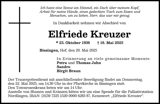 Traueranzeige von Elfriede Kreuzer von Donau Zeitung