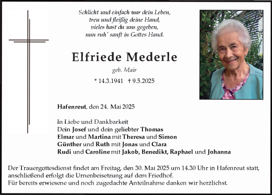 Traueranzeige von Elfriede Mederle von Donauwörther Zeitung