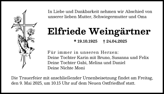 Traueranzeige von Elfriede Weingärtner von Augsburger Allgemeine