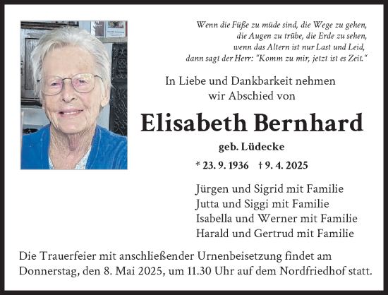 Traueranzeige von Elisabeth Bernhard von Augsburger Allgemeine