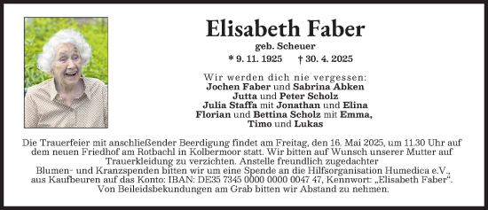 Traueranzeige von Elisabeth Faber von Landsberger Tagblatt
