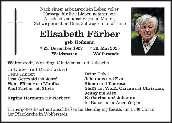 Traueranzeige von Elisabeth Färber von Donauwörther Zeitung