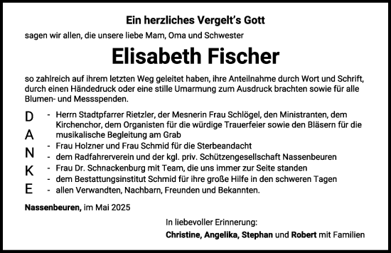 Traueranzeige von Elisabeth Fischer von Mindelheimer Zeitung