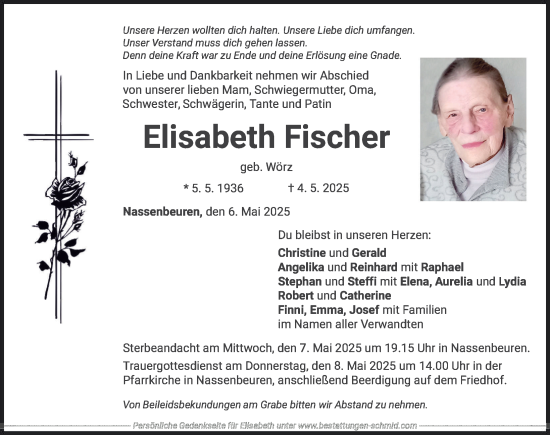 Traueranzeige von Elisabeth Fischer von Mindelheimer Zeitung