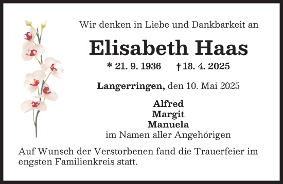 Traueranzeige von Elisabeth Haas von Schwabmünchner Allgemeine