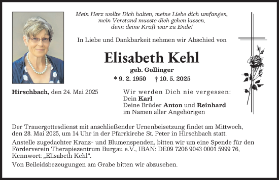 Traueranzeige von Elisabeth Kehl von Wertinger Zeitung