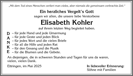 Traueranzeige von Elisabeth Kohler von Mindelheimer Zeitung
