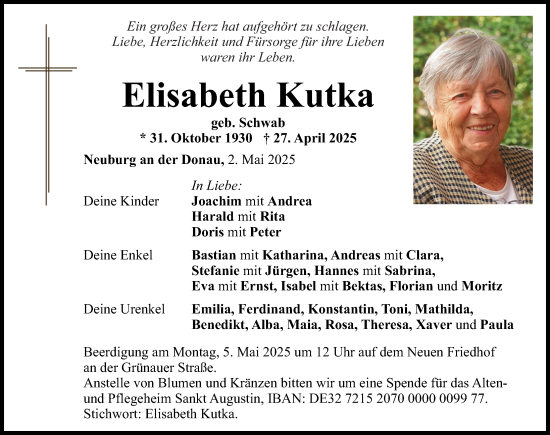 Traueranzeige von Elisabeth Kutka von Neuburger Rundschau