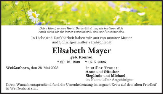 Traueranzeige von Elisabeth Mayer von Neu-Ulmer Zeitung