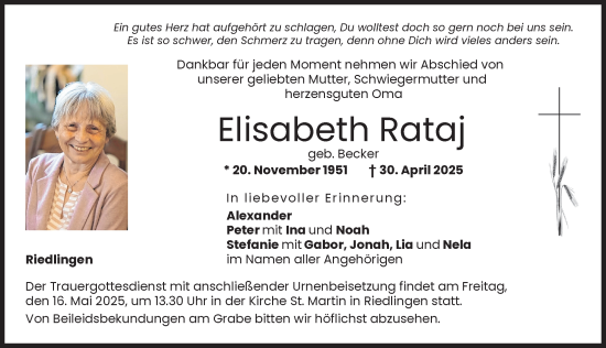 Traueranzeige von Elisabeth Rataj von Donauwörther Zeitung
