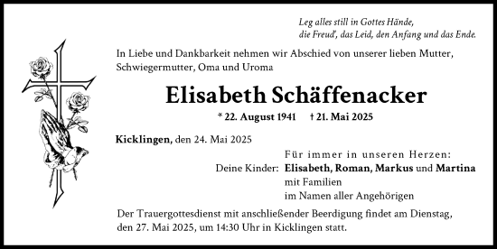 Traueranzeige von Elisabeth Schäffenacker von Donau Zeitung