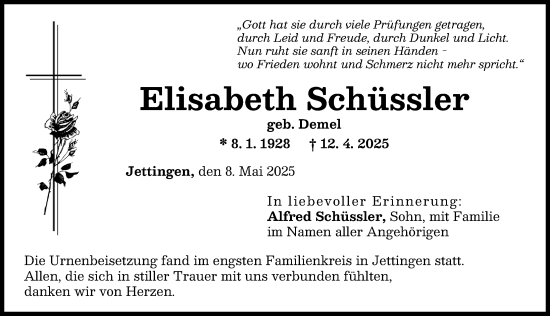 Traueranzeige von Elisabeth Schüssler von Günzburger Zeitung
