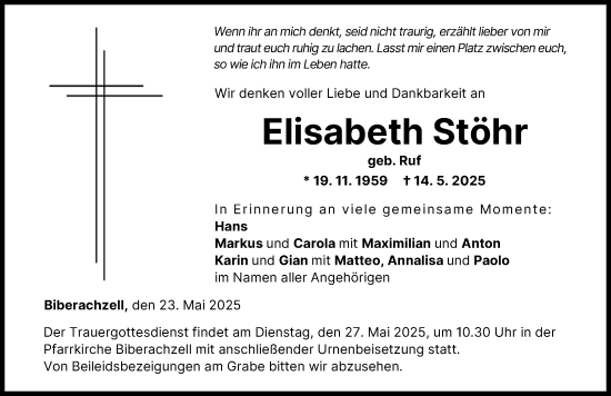 Traueranzeige von Elisabeth Stöhr von Neu-Ulmer Zeitung