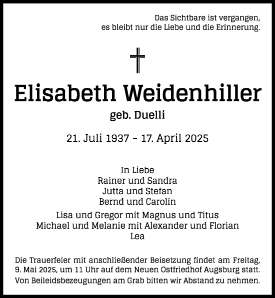 Traueranzeige von Elisabeth Weidenhiller von Augsburger Allgemeine