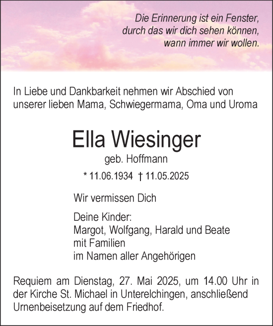 Traueranzeige von Ella Wiesinger von Neu-Ulmer Zeitung, Augsburger Allgemeine