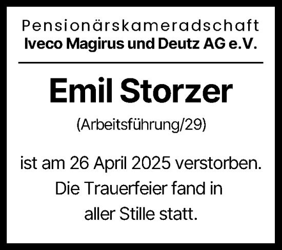 Traueranzeige von Emil Storzer von Neu-Ulmer Zeitung, Günzburger Zeitung, Illertisser Zeitung
