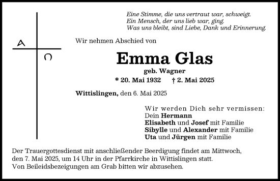 Traueranzeige von Emma Glas von Donau Zeitung