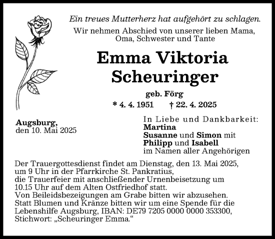 Traueranzeige von Emma Viktoria Scheuringer von Augsburger Allgemeine