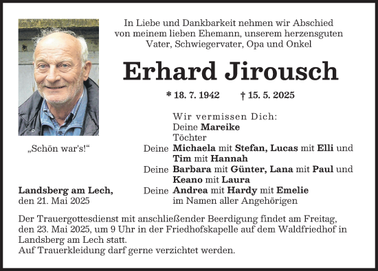 Traueranzeige von Erhard Jirousch von Landsberger Tagblatt
