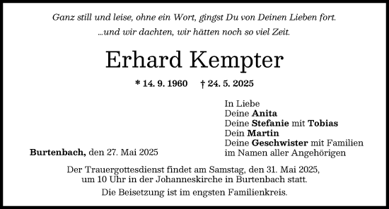 Traueranzeige von Erhard Kempter von Günzburger Zeitung, Mittelschwäbische Nachrichten