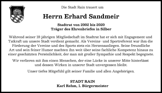 Traueranzeige von Erhard Sandmeir von Donauwörther Zeitung, Neuburger Rundschau