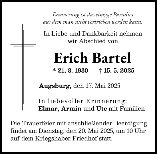 Traueranzeige von Erich Bartel von Augsburger Allgemeine