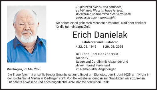 Traueranzeige von Erich Danielak von Donauwörther Zeitung