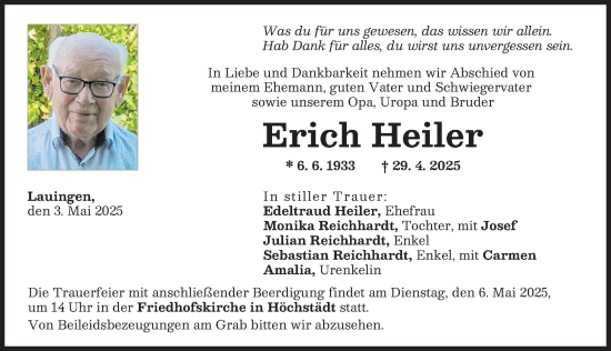 Traueranzeige von Erich Heiler von Donau Zeitung