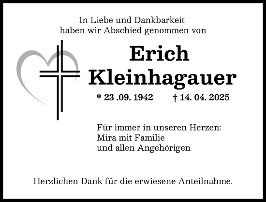 Traueranzeige von Erich Kleinhagauer von Augsburger Allgemeine