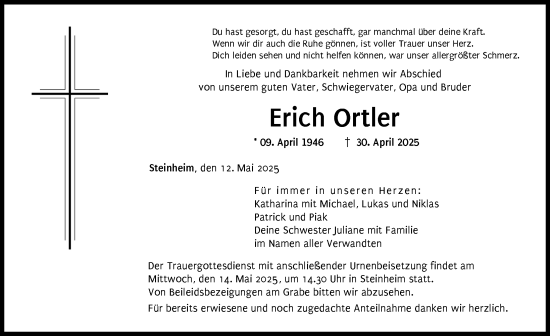 Traueranzeige von Erich Ortler von Donau Zeitung