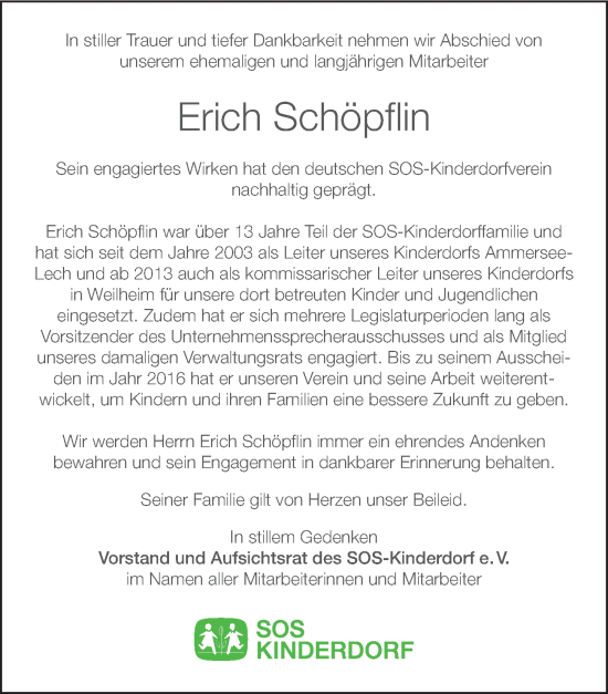 Traueranzeige von Erich Schöpflin von Ammersee Kurier