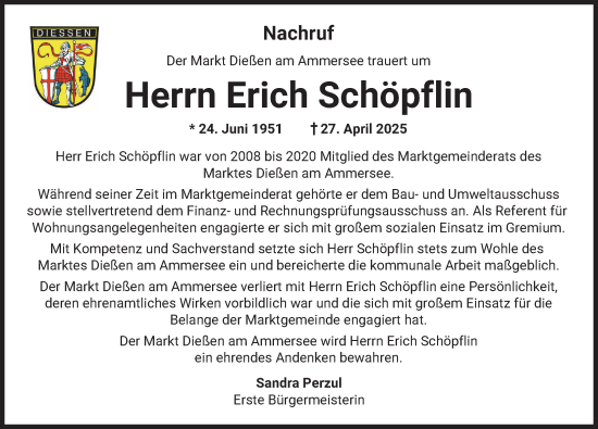 Traueranzeige von Erich Schöpflin von Landsberger Tagblatt