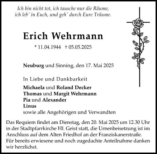 Traueranzeige von Erich Wehrmann von Neuburger Rundschau