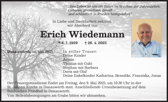 Traueranzeige von Erich Wiedemann von Donauwörther Zeitung
