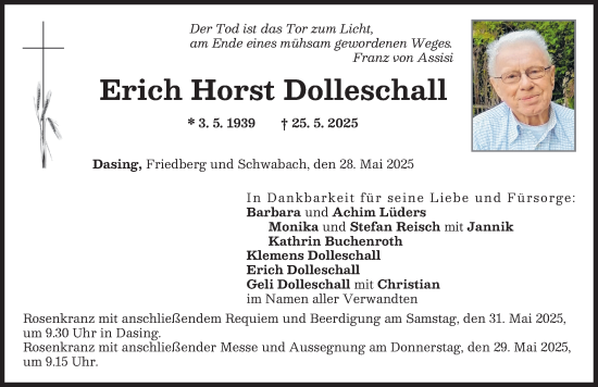 Traueranzeige von Erich Horst Dolleschall von Friedberger Allgemeine