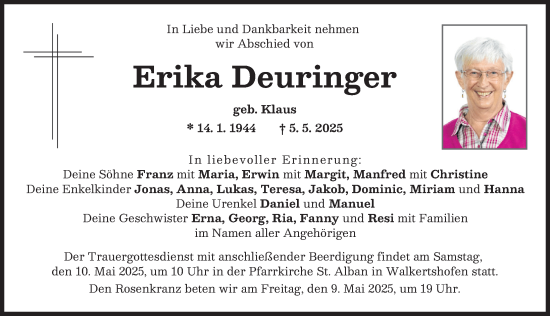Traueranzeige von Erika Deuringer von Schwabmünchner Allgemeine