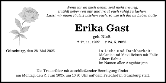 Traueranzeige von Erika Gast von Günzburger Zeitung