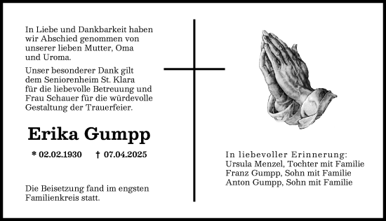 Traueranzeige von Erika Gumpp von Wertinger Zeitung