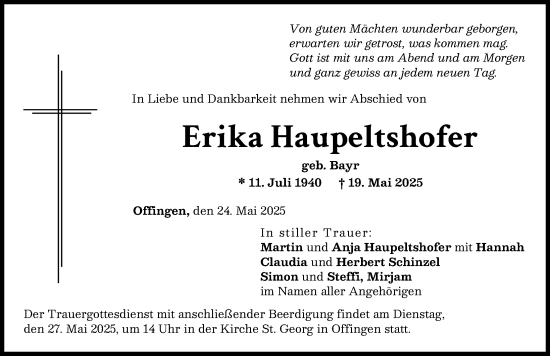 Traueranzeige von Erika Haupeltshofer von Günzburger Zeitung