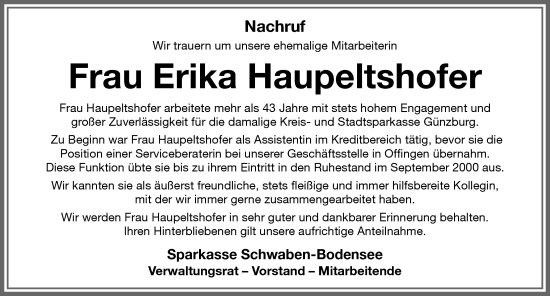 Traueranzeige von Erika Haupeltshofer von Günzburger Zeitung