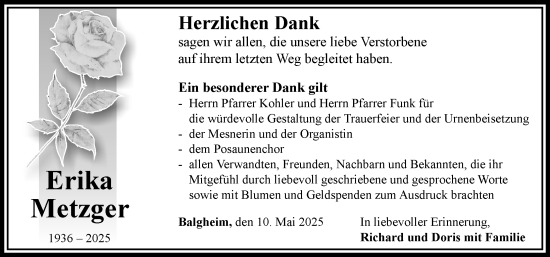 Traueranzeige von Erika Metzger von Rieser Nachrichten