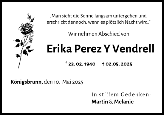 Traueranzeige von Erika Perez Y Vendrell von Schwabmünchner Allgemeine