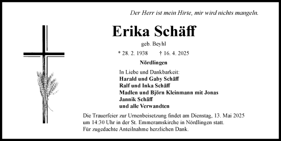 Traueranzeige von Erika Schäff von Rieser Nachrichten