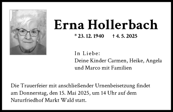 Traueranzeige von Erna Hollerbach von Augsburger Allgemeine