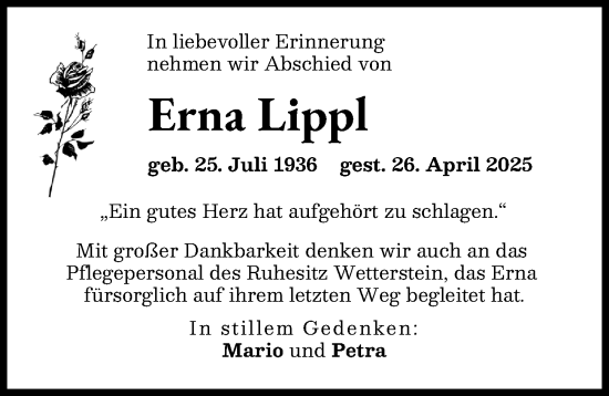 Traueranzeige von Erna Lippl von Augsburger Allgemeine
