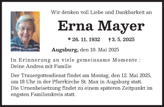 Traueranzeige von Erna Mayer von Augsburger Allgemeine
