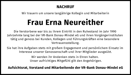 Traueranzeige von Erna Neureither von Donau Zeitung
