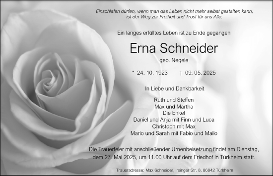 Traueranzeige von Erna Schneider von Mindelheimer Zeitung