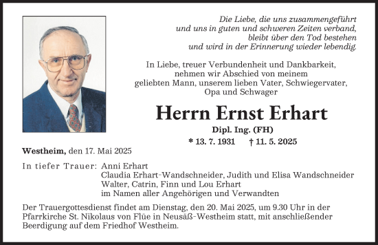 Traueranzeige von Ernst Erhart von Augsburger Allgemeine