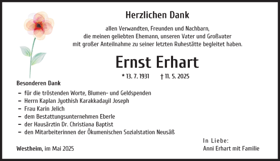 Traueranzeige von Ernst Erhart von Augsburger Allgemeine
